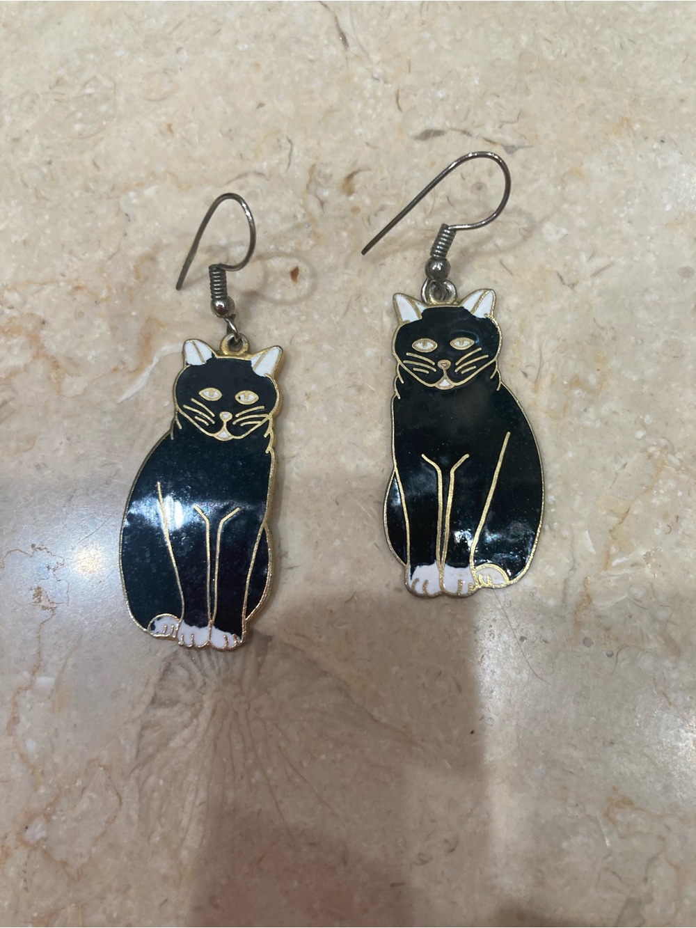 Vintage Cloisonné Enamel Black & White Cat Dangle Earrings
